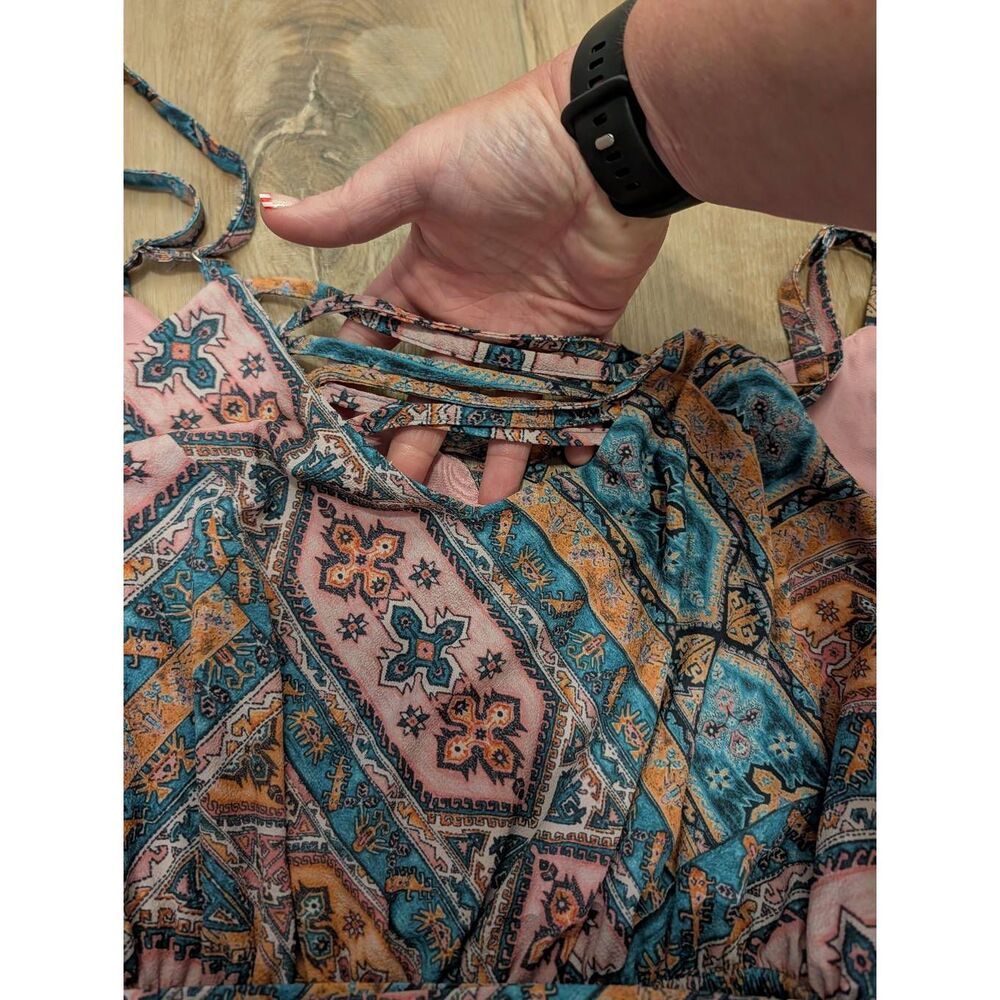 City Chic Tank Sundress Crisscross Belted Pink Patchwork Pattern Lined Plus 0XL - Picture 12 of 15